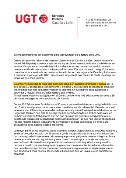 Primera página de la carta de 12 folios remitida por UGT a la ONU