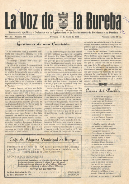 'Casas del pueblo', artículo de Antonio Benaiges, 'El maestro que prometió el mar', publicado en el periódico 'La Voz de la Bureba'.