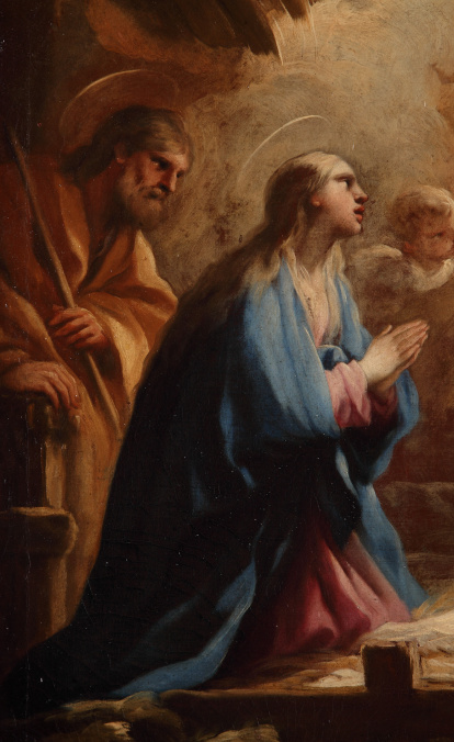 Detalle de San Miguel y san Gabriel presentan al Niño Jesús a la Virgen y san José. Luca Giordano, 1696.