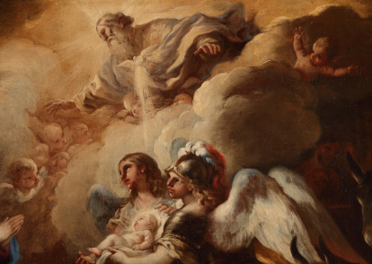 Detalle de San Miguel y san Gabriel presentan al Niño Jesús a la Virgen y san José. Luca Giordano, 1696.