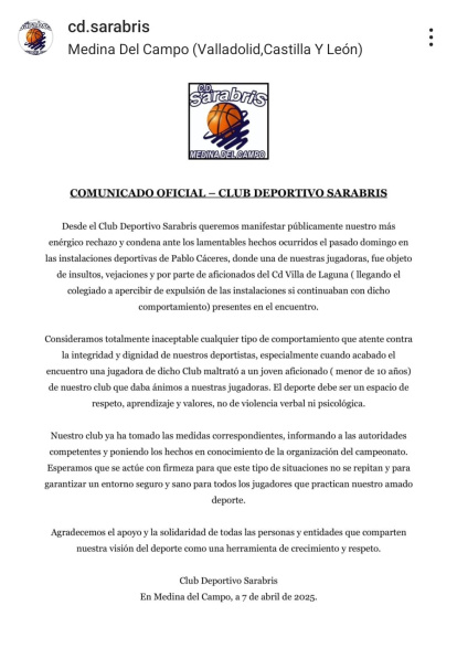 Comunicado oficial del Sarabris de Medina del Campo.