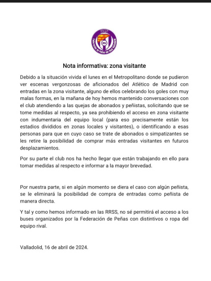 Comunicado de la Federación de Peñas quejándose de la presencia de aficionados atléticos en la grada visitante