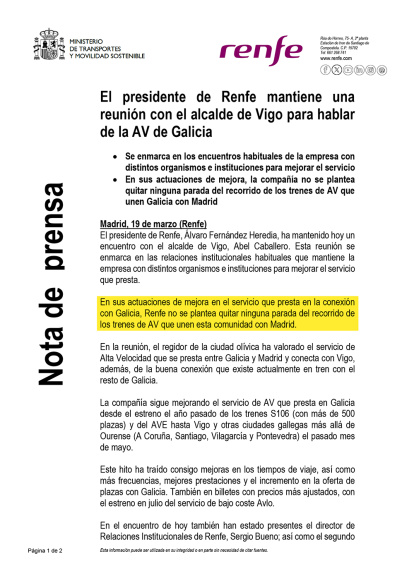 Comunicado emitido por Renfe el 19 de marzo tras la reunión con Abel Caballero en el que aseguraba que no se planteaba