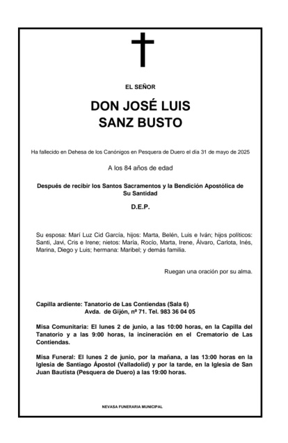 Esquela del bodeguero Luis Sanz.