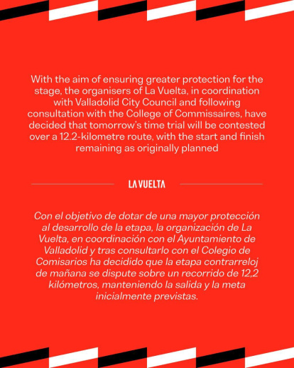 Comunicado de La Vuelta sobre el acortamiento de la crono de La Vuelta en Valladolid.