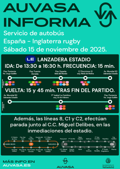 AUVASA lanzadera bus a estadio Zorrilla para el partido de rugby.