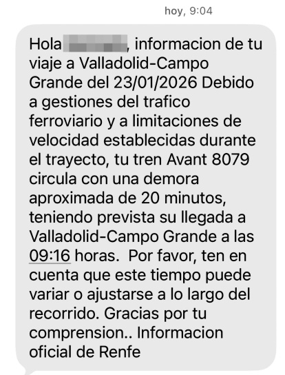 SMS remitido por Renfe a los viajeros del Avant 8079 de las 7.51 horas entre Madrid y Valladolid. Un tren que tenía una demora de 20 minutos por las