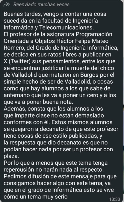 Mensaje de WhatsApp de los alumnos de Ingeniería Informática