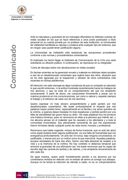 Primera página del comunicado de la UVA.