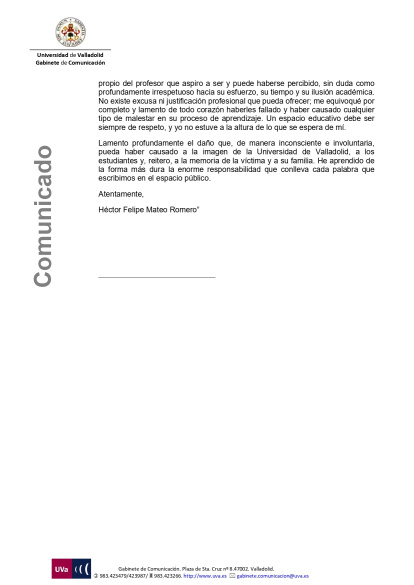 Segunda página del comunicado de la UVA.
