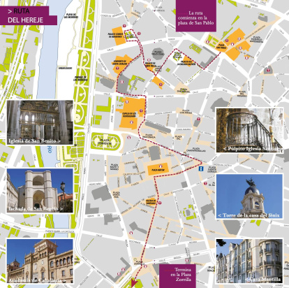 Plano de la Ruta del Hereje que recorre enclaves clave del Valladolid del siglo XVI desde la Plaza de San Pablo hasta la Plaza Zorrilla