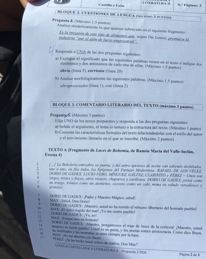 Imagen del examen de Lengua y Literatura Españo