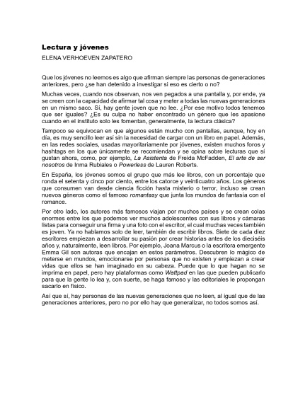 Columna  'Lectura y jóvenes' de Elena Verhoeven Zapatero (IES Parquesol).