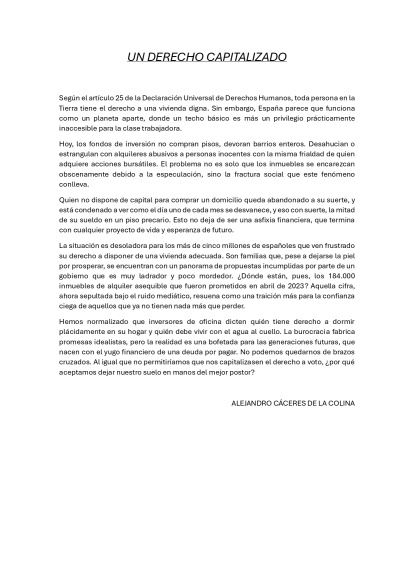 Columna 'Un derecho capitalizado' de Alejandro Cáceres de la Colina del IES Diego de Praves.