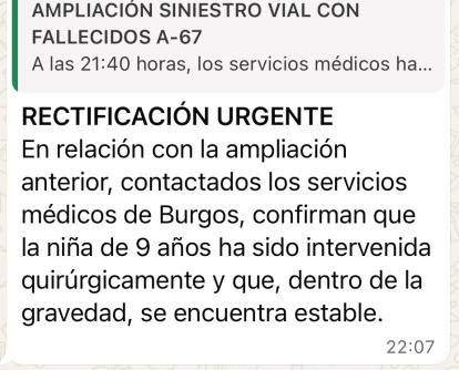 Rectificación de la Subdelegación de Palencia dejando claro que la niña de 9 años sigue viva.