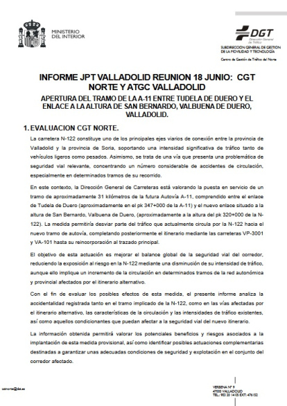 Informe de la DGT sobre la apertura de la A-11 entre Tudela y Valbuena de Duero