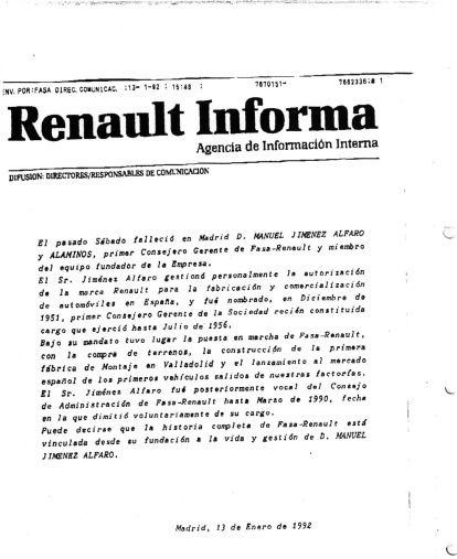 Nota emitida por Renault por el fallecimiento de Manuel Jiménez-Alfaro.